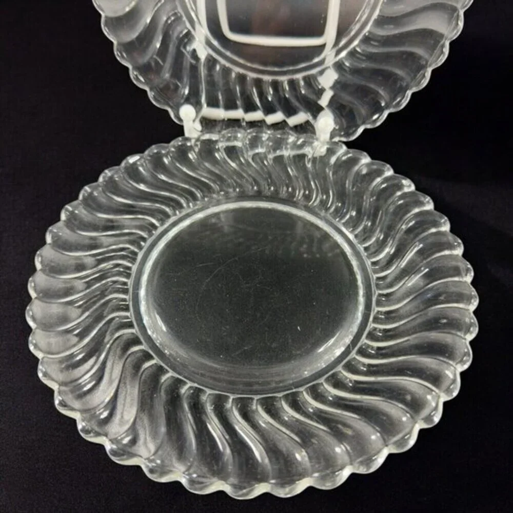 Fostoria Colony Swirl Dish Plate Set 2 Clear Glass Manganese 365nm Green UV Glow